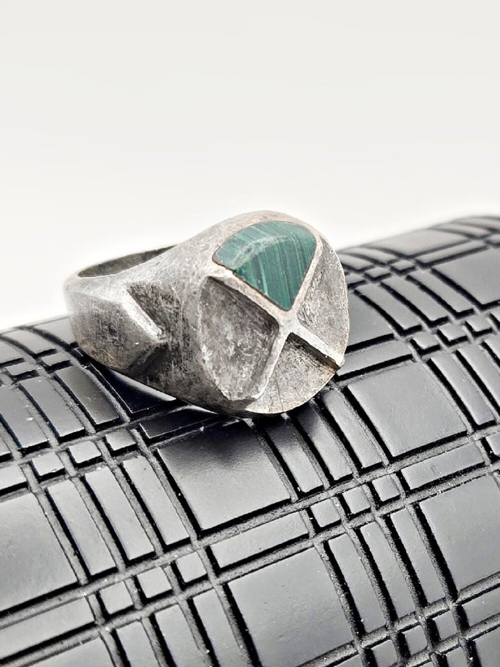 Vintage Taxco Sterling Silver Malachite Men's Ring – Mexico Modernist Size 9.5